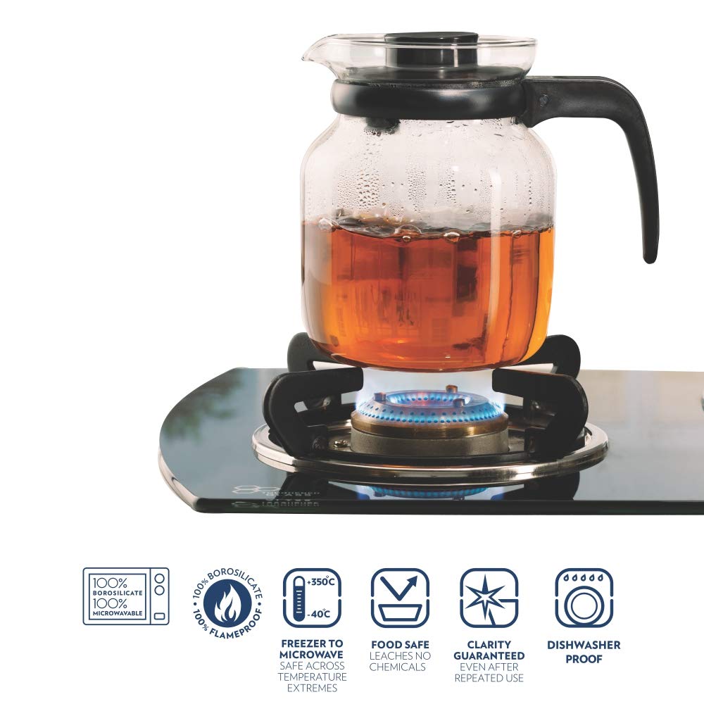 Borosil Carafe Flame Proof Glass Kettle with Inbuilt Strainer with 2 mugs