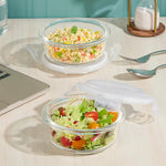 Borosil Eateasy Borosilicate Glass Lunchbox with Bag | 2 pc Round Container Set (400 ml Each) | Microwave & Dishwasher Safe, Leakproof | Tiffin for Office, School, College | Transparent, Horizontal