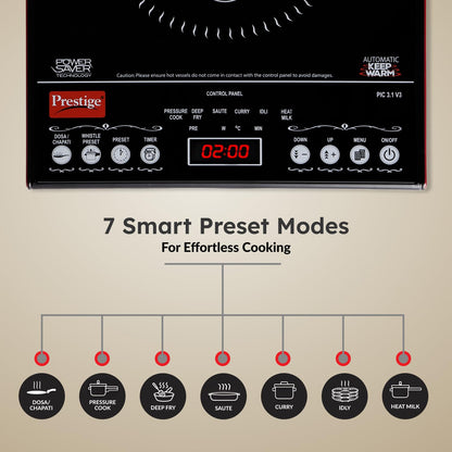 Prestige PIC 3.1 V3 2000 Watts Induction Cooktop | Patented Automatic Whistle Counter | 4KV Surge Protection | 7 Preset Indian Menu Options With Timer | Touch Button | Black | 1Y Warranty | BIS