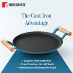 BERGNER Excalibur Lightweight Cast Iron Dosa Tawa 28cm, Double Sided Sturdy Handle, Non-Stick Coating, PFAS Free, Perfect Heat Distribution, Elegant Design - Induction Compatible (Blue)