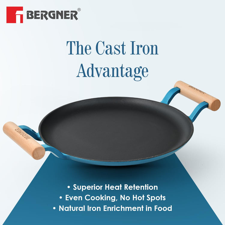 BERGNER Excalibur Lightweight Cast Iron Dosa Tawa 28cm, Double Sided Sturdy Handle, Non-Stick Coating, PFAS Free, Perfect Heat Distribution, Elegant Design - Induction Compatible (Blue)