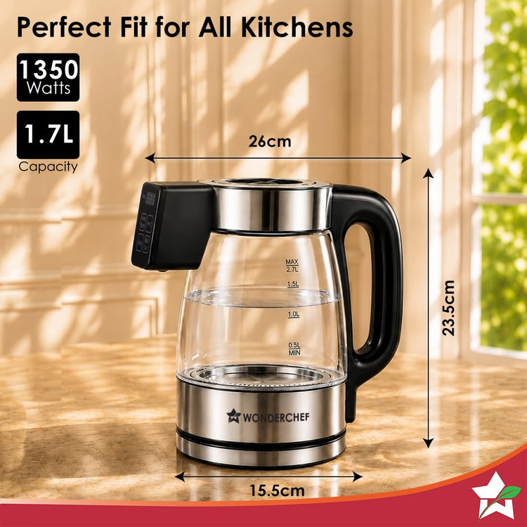 Wonderchef Crystal Tap & Flow Glass Kettle & Hot Water Dispenser, 1.7 L Borosilicate Glass Jar, Built-in Battery, Temperature Sensor & Control, Multi-purpose, Portable inside Homes, 1-Yr Warranty