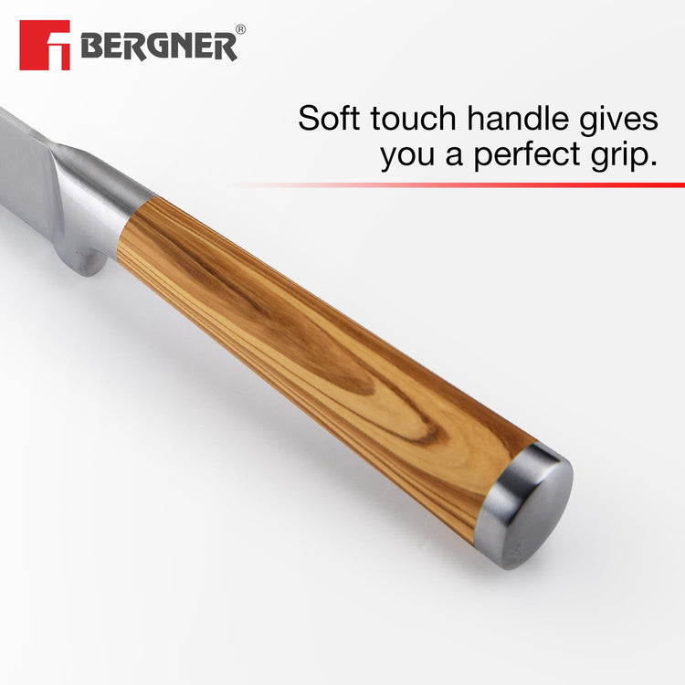 BERGNER Olive Garden Stainless Steel 3 Pcs Knife Set, Kitchen Knife Set of 20cm, 12.5cm and 8.75cm, Durable, Rust Resistant, Soft Touch Wooden Coated Handle, Ideal for Cutting, Dicing, Slicing etc