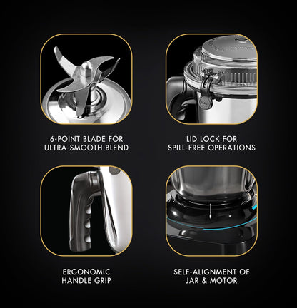 Sujata MG01 Mixer Grinder|1000 Watts Double Ball Bearing Motor|25000 RPM| Non-Stop 90 Mins Running|3 Jars including 1750ml Blender, 1000ml Grinder, 500ml Chutney Jar| (Black)