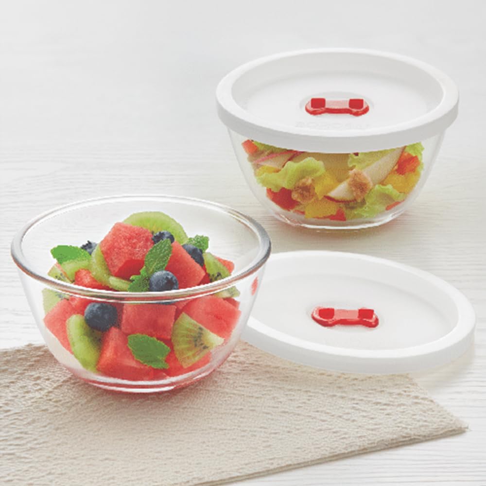 Borosil 500ml (2pc) Serving & Mixing Bowl with Lid Set | Made in India Borosilicate Glass Bowl for Kitchen & Dinning | Bowl for Mixing Dough, Salad, Batter | Microwave & Dishwasher Safe | Transparent
