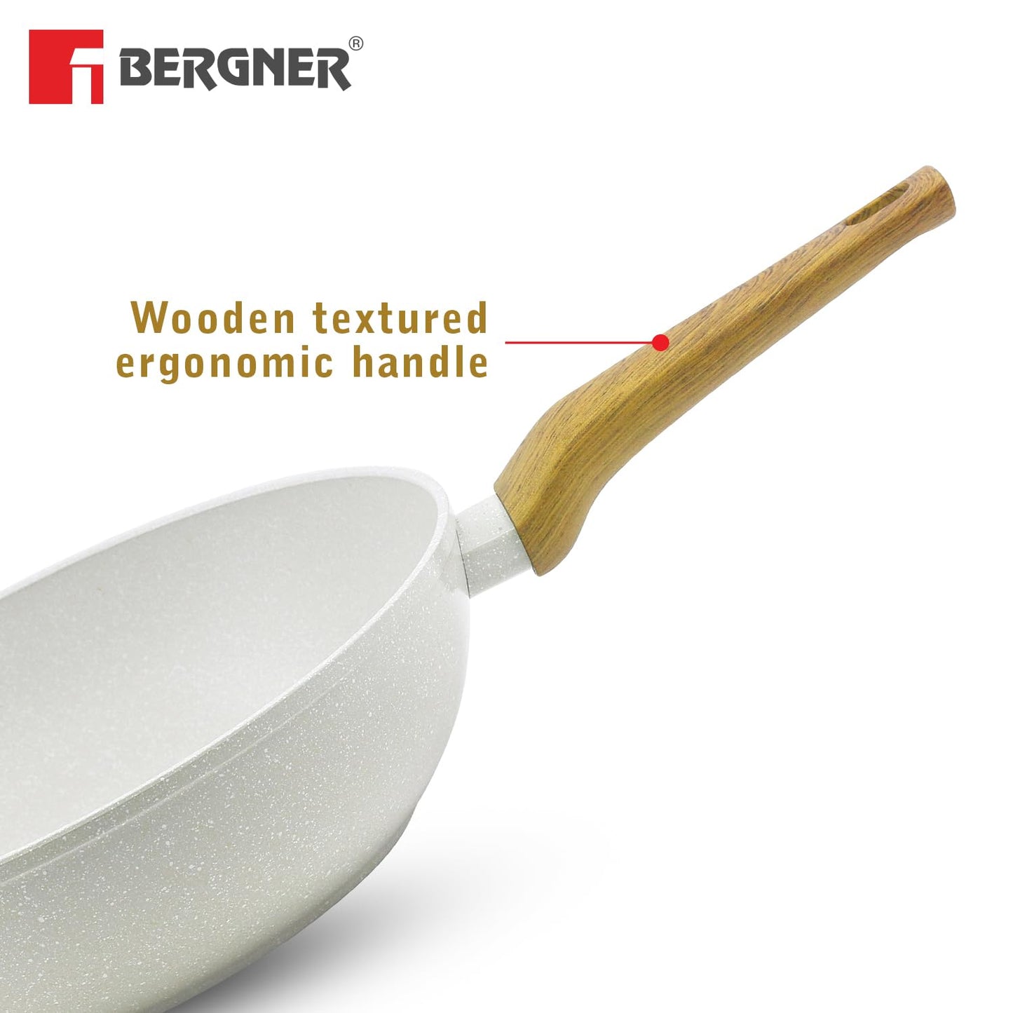 BERGNER Naturally Forged Aluminum 28cm (3 L) Wok, Marble Non-Stick Coating, Less Oil Use, Scratch Resistant and Durable, Soft Touch Handle, Easy to Clean - Induction Bottom, Free Non-Woven Trivet