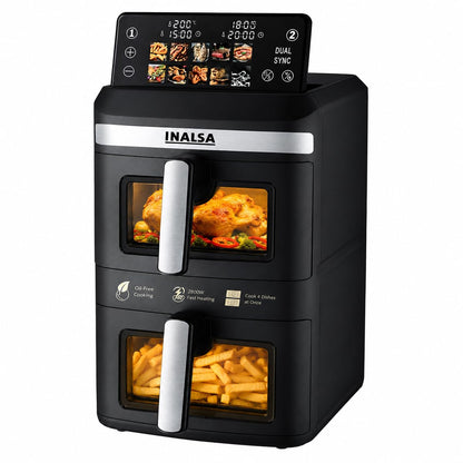 INALSA Double Basket Air Fryer 2800W & 14 L (7L+7L) Large Capacity |Non Toxic,BPA Free|PFOA Food Safety Certified|Cook 2 Full Meals Together|Flip Digital Screen|NutriFry DuoSlim