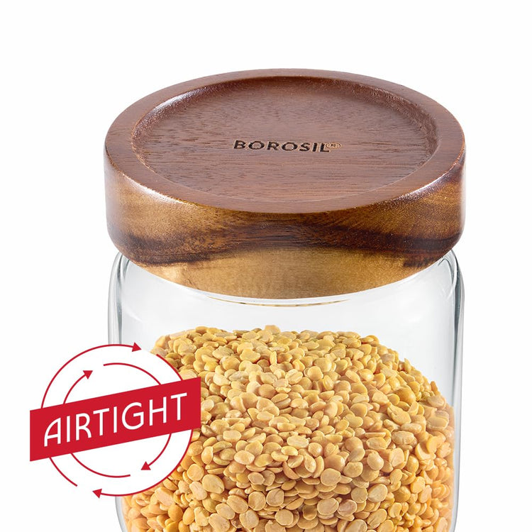 Borosil Glass Jar with Acacia Wood Lid | Borosilicate Glass Storage Jar for Dry Fruits, Spices & Snacks | Airtight Glass Container for Kitchen & Pantry (Tallwood, 600 ml)