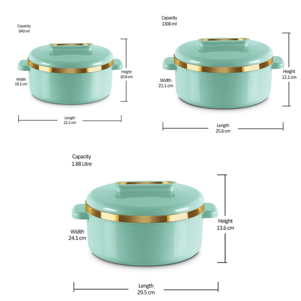 MILTON Curve Inner Stainless Steel Casserole Set of 3 (840 ml, 1300 ml, 1880 ml), Light Green | BPA Free | Food Grade | Easy to Carry | Easy to Store | Chapati | Roti | Curd Maker