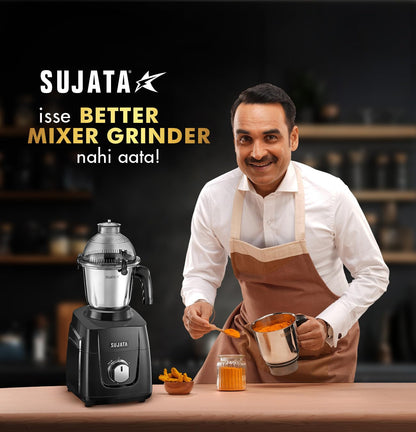 Sujata MG03 Mixer Grinder|1000 Watts Double Ball Bearing Motor|25000 RPM|Non-Stop 90 Mins Running|4 Jars including 1750ml Blender with Coconut Milk Extractor, 1500ml, 1000ml, 500ml Jar| (Black)