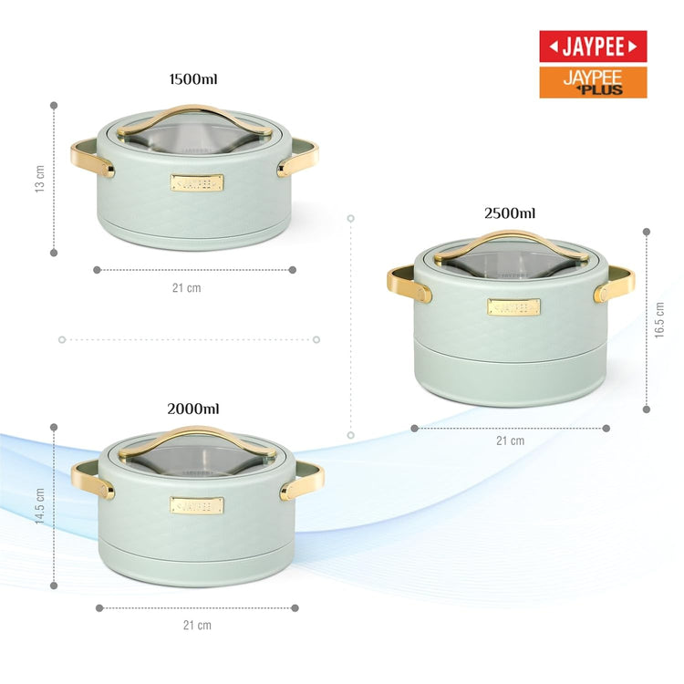 JAYPEE Luxura Klass Set Inner Steel Serving Casserole Set of 3 Toughened Glass Lid Advanced PU Insulated 100% Food Grade Lockable Hot Box Easy to Keep Roti, Pulao & More|1500, 2000, 2500 ml,Green