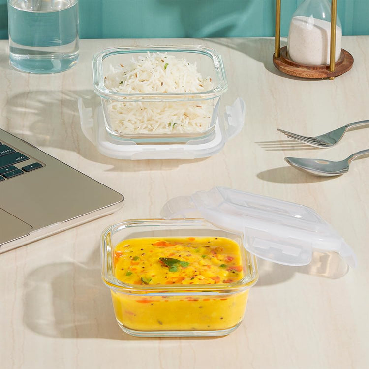 Borosil Eateasy Borosilicate Glass Lunchbox with Bag | 2 pc Square Container Set (320 ml Each) | Microwave & Dishwasher Safe, Leakproof | Tiffin for Office, School, College | Transparent, Horizontal