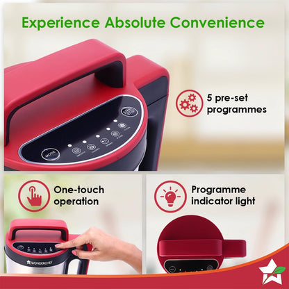 Wonderchef Neo Automatic Soup Maker|1.6 Litre|900 Watts Heater|SS Blades and Jug|5 Pre-Set Functions|Red|Black|Steel|One Touch Operation|Touch Control Panel|30 Minute Cook Time|2 Years Warranty