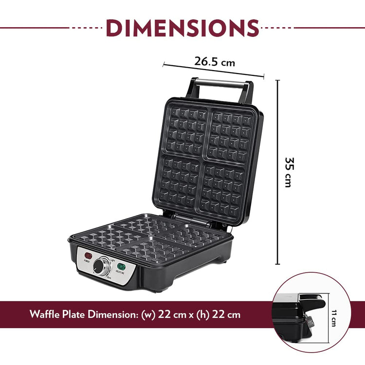Borosil 1100W Jumbo Waffle Maker | Can Make 4 Waffles At a Time | Non-Stick Coating Plates Opens to 105°, BPA & PTFE Free | Power Indicators | 2 Year Warranty