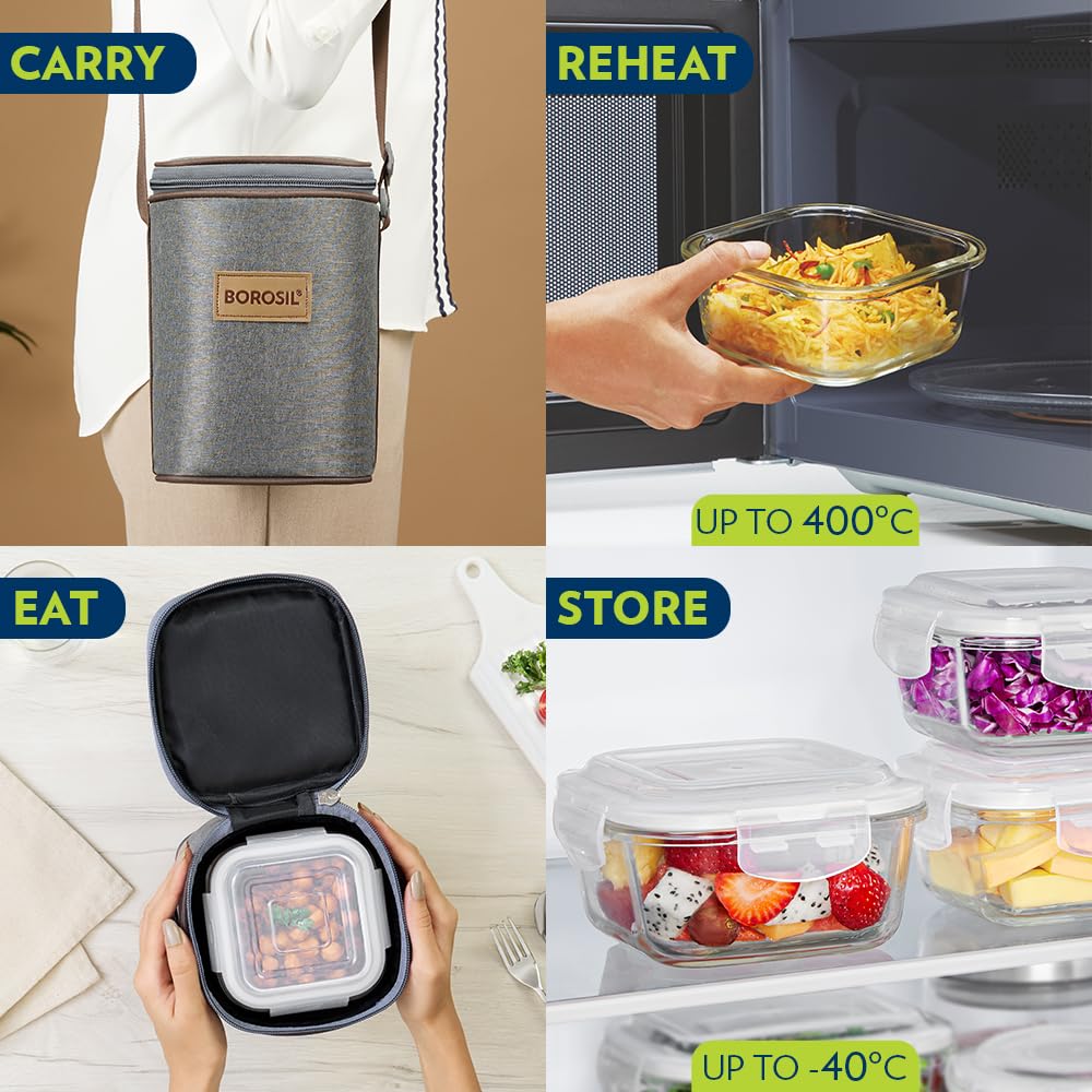 Borosil Pro Borosilicate Glass Lunchbox with Bag | 3 pc Square Container Set (320 ml Each) | Microwave & Dishwasher Safe, Leakproof | Tiffin for Office, School, College | Transparent