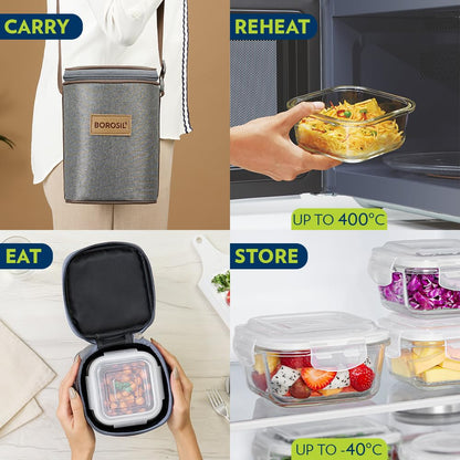 Borosil Pro Borosilicate Glass Lunchbox with Bag | 3 pc Square Container Set (320 ml Each) | Microwave & Dishwasher Safe, Leakproof | Tiffin for Office, School, College | Transparent