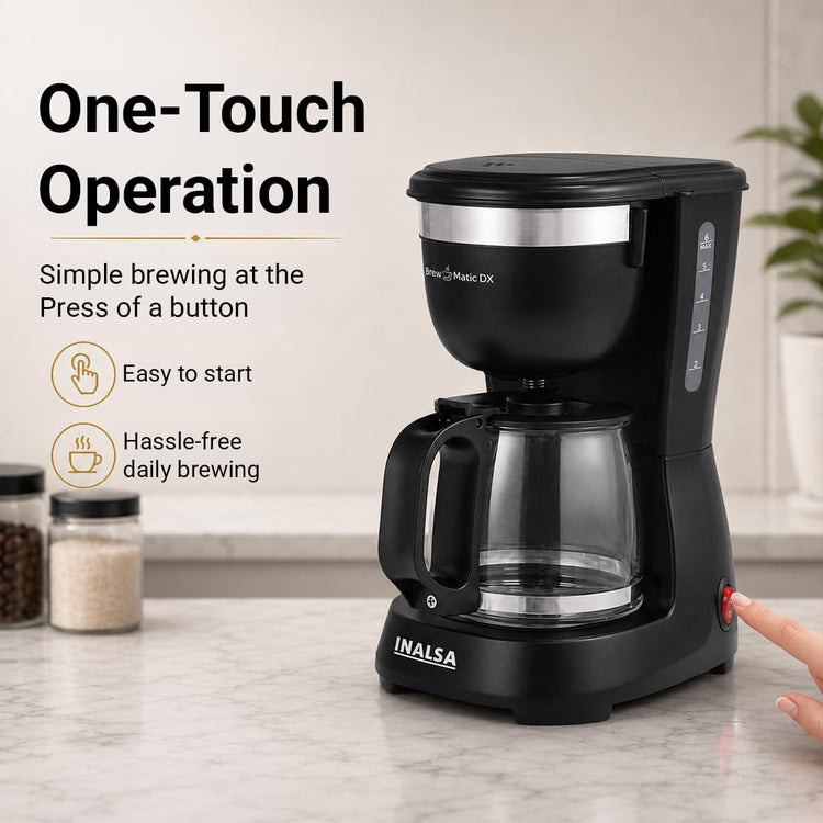 INALSA 6 Cups 650-Watt Coffee Maker with Anti Drip & Keep Warm Function|Overheat Protection|See Through 680 ML Carafe|630 ML Water Tank Capacity|Reusable Coffee Filter(Brew Matic DX)