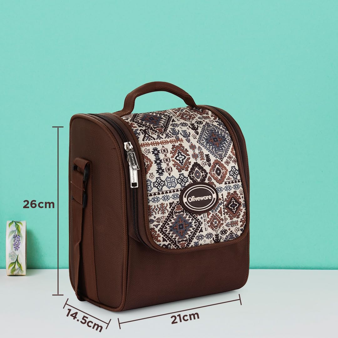 Oliveware TESO Musk Lunch Box | 3 Microwave-Safe Containers (2×420ml, 1×620ml) + 750ml Steel Bottle + 130ml Pickle Box + Steel Cutlery | Premium Carry Bag | Freezer & Dishwasher Safe (Brown)