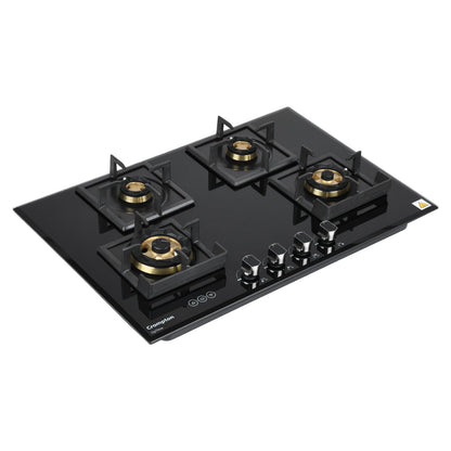 Crompton Optime 78 cm 4 Burners Built-in Glass HOB with Digital Timer, Full Brass Burners & 3D Flame Technology (HOB-OPFB784TI-MBL, Midnight Black)