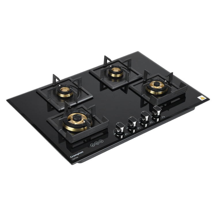 Crompton Optime 78 cm 4 Burners Built-in Glass HOB with Digital Timer, Full Brass Burners & 3D Flame Technology (HOB-OPFB784TI-MBL, Midnight Black)