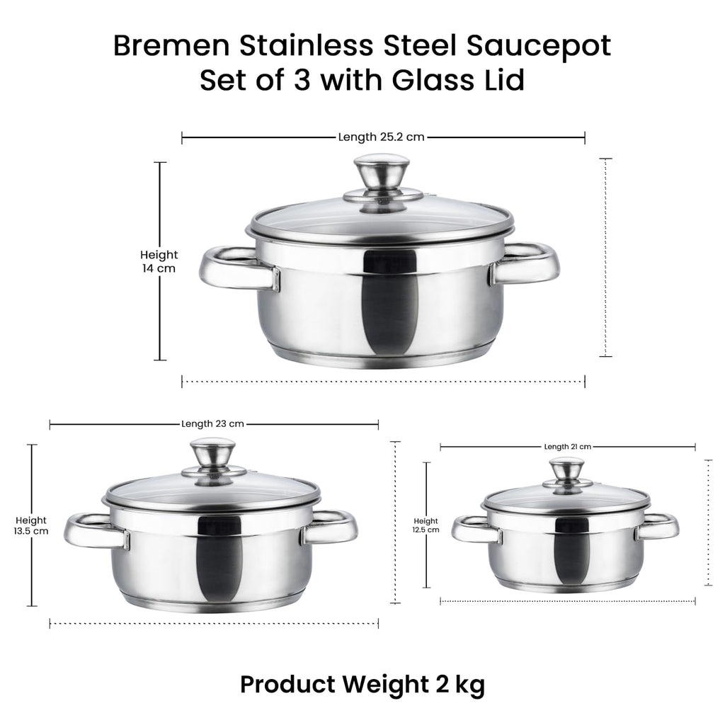 Vinod Bremen Stainless Steel Saucepot Set of 3 with Glass Lids | 2.5 mm Heavy Bottom | for Soups, Curries, Rice & Pasta | Riveted Handles | Induction & Gas Compatible | 2 Yr Warranty – Silver