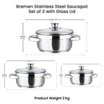 Vinod Bremen Stainless Steel Saucepot Set of 3 with Glass Lids | 2.5 mm Heavy Bottom | for Soups, Curries, Rice & Pasta | Riveted Handles | Induction & Gas Compatible | 2 Yr Warranty – Silver