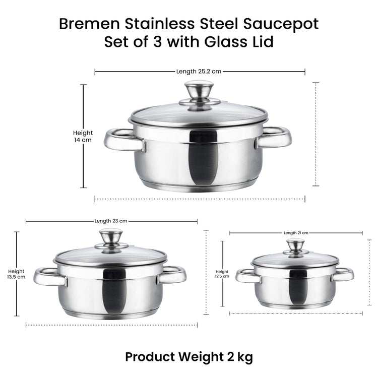 Vinod Bremen Stainless Steel Saucepot Set of 3 with Glass Lids | 2.5 mm Heavy Bottom | for Soups, Curries, Rice & Pasta | Riveted Handles | Induction & Gas Compatible | 2 Yr Warranty – Silver