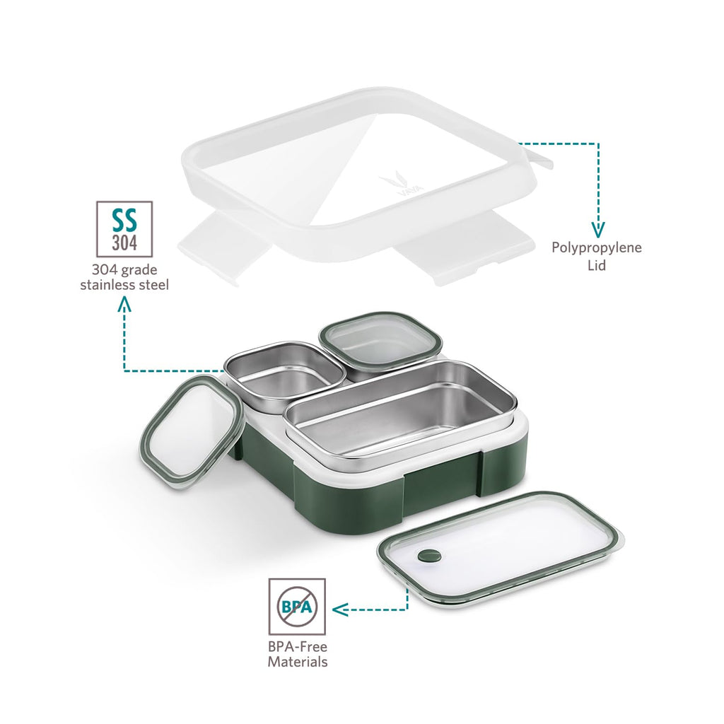 VAYA TYDBYT Stainless Steel Tiffin Box for Men, Kids Girls,1 Large & 2 Small Compartments, Bento Lunch Box, Smart Portions for Balanced Meals, Green