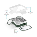 VAYA TYDBYT Stainless Steel Tiffin Box for Men, Kids Girls,1 Large & 2 Small Compartments, Bento Lunch Box, Smart Portions for Balanced Meals, Green