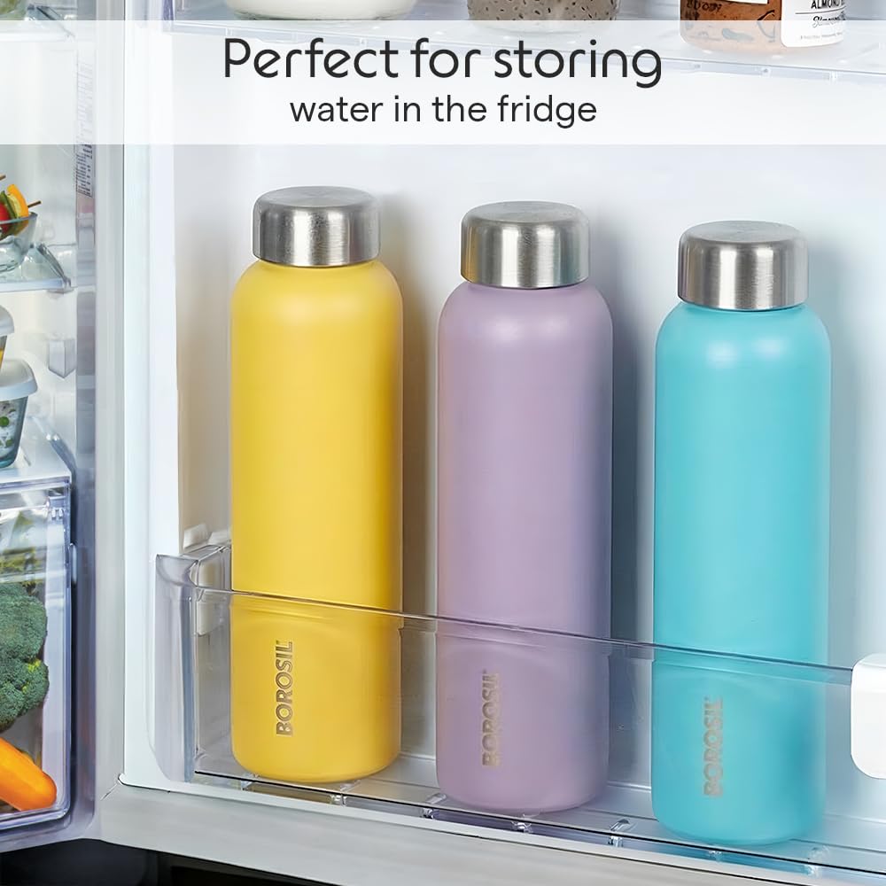 Borosil 1L Apex 3pc Stainless Steel Made in India Water Bottle Set | Leak-Proof, Odour-Free, Powder Coated Bottles | Fridge Safe | Blue, Yellow, Lavender | 1 Year Warranty