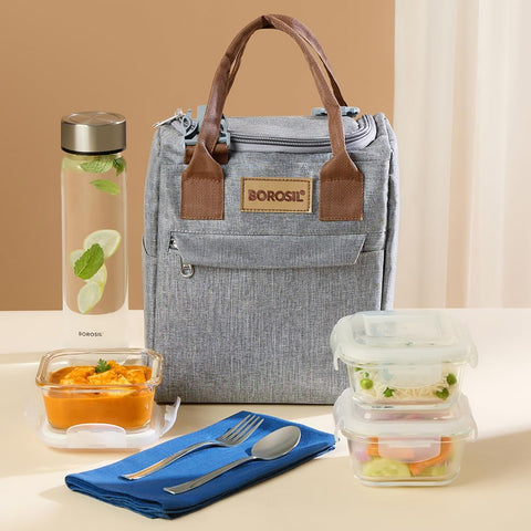 Borosil 7pc Borosilicate Glass Lunchbox | 3pc Container + 1 (550ml) Glass Bottle + Fork & Spoon Set with Mat | Microwave & Dishwasher Safe | Tiffin for Office, School, College (Gourmet Plus)