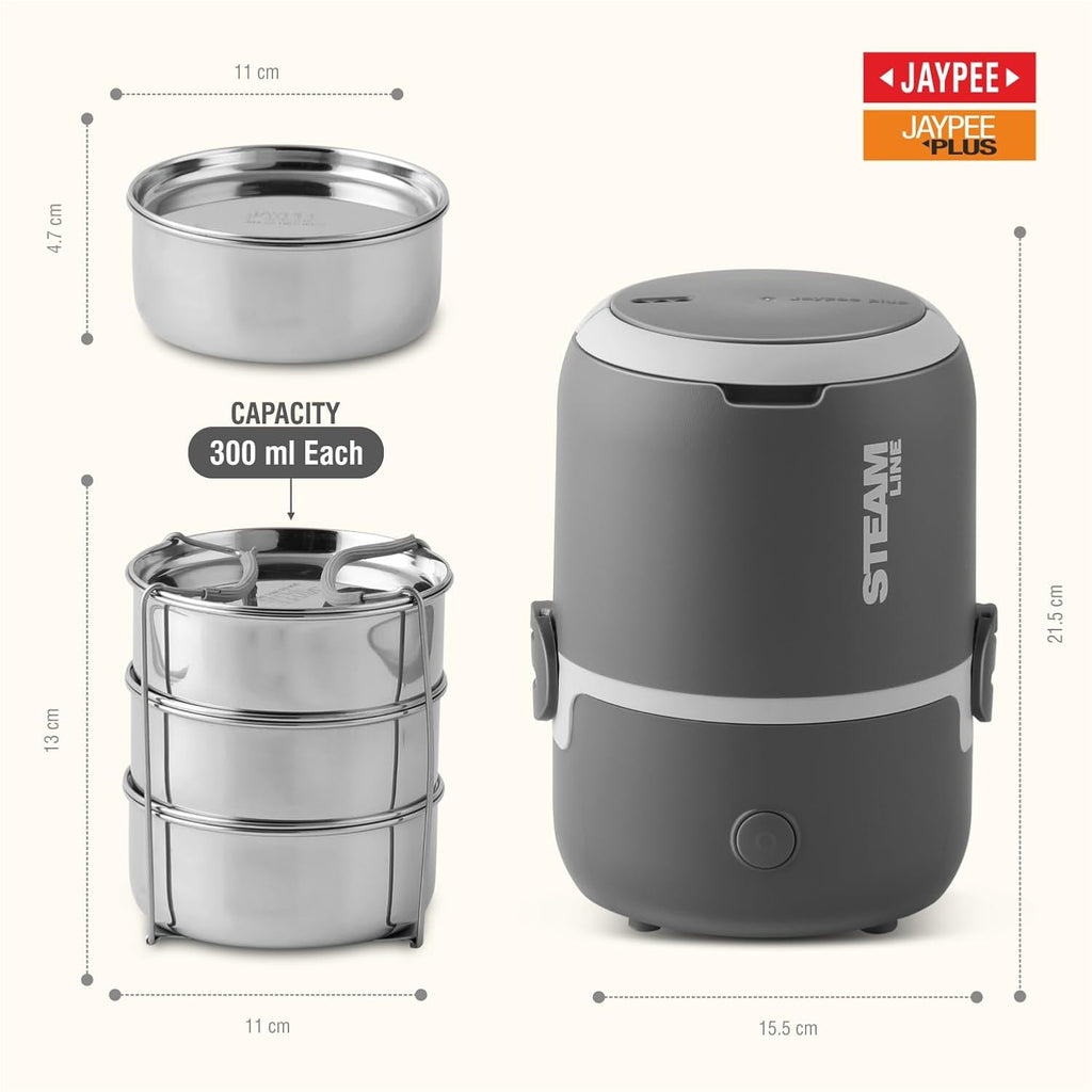 Jaypee Plus Steamline Electric Lunch Box Stainless Steel containers 300X3 ml with Bag, Power Cord & Measuring Cup Lunch Box for Offfice Reheat Food in 15 Minute Auto Cut steam Technology,Dark Grey