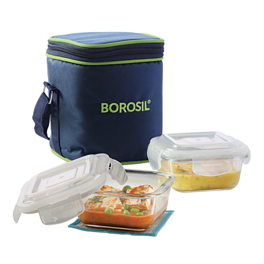 Borosil Klip n Store Lunchbox with Bag | Set of 2 Square Container (320ml Each) | Made in India Borosilicate Glass | Microwave & Dishwasher Safe | Tiffin for Office/School/College | Vertical