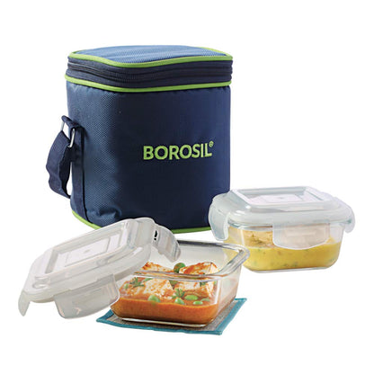 Borosil Klip n Store Lunchbox with Bag | Set of 2 Square Container (320ml Each) | Made in India Borosilicate Glass | Microwave & Dishwasher Safe | Tiffin for Office/School/College | Vertical