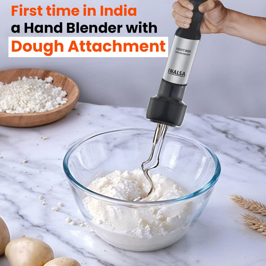 INALSA Hand Blender Mixer|1700W Copper Motor|Chopper,Dough Maker,Whisker & Jar Attachment|Low Noise|20 Speed Control & Turbo Function|BPA Free|Anti-Splash|2 Yr Warranty,Robot Inox 1700 Mix N Blend