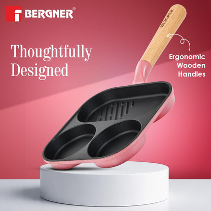BERGNER Excalibur Lightweight Cast Iron 18cm Breakfast Pan, Sturdy Wooden Handle, Non-Stick Coating, PFAS Free, Perfect Heat Distribution, Elegant Design - Induction Compatible (Pink)