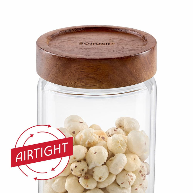 Borosil Glass Jar with Acacia Wood Lid | Borosilicate Glass Storage Jar for Dry Fruits, Spices & Snacks | Airtight Glass Container for Kitchen & Pantry (Tallwood, 900 ml)