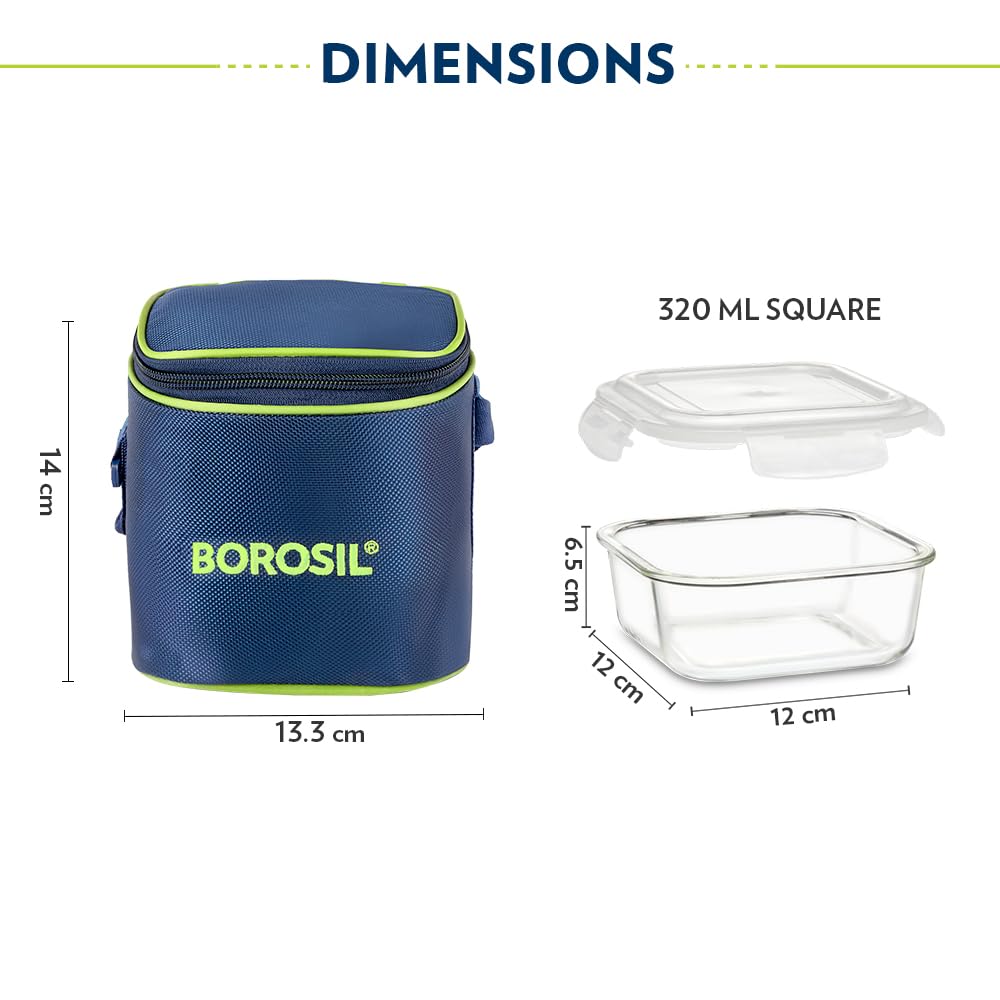 Borosil Klip n Store Lunchbox with Bag | Set of 2 Square Container (320ml Each) | Made in India Borosilicate Glass | Microwave & Dishwasher Safe | Tiffin for Office/School/College | Vertical
