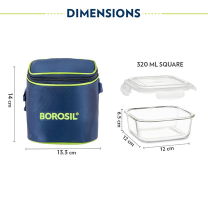 Borosil Klip n Store Lunchbox with Bag | Set of 2 Square Container (320ml Each) | Made in India Borosilicate Glass | Microwave & Dishwasher Safe | Tiffin for Office/School/College | Vertical