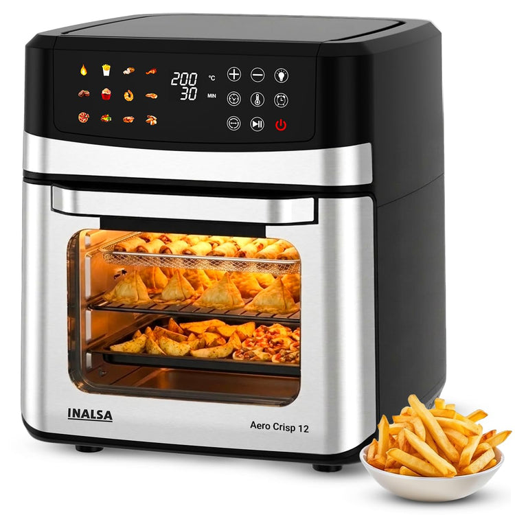 INALSA Air Fryer Oven|12L,1700W|Stainless Steel Body|12-in-1 Functions,Fry,Bake,Grill,Dehydrate&Reheat|12 Preset|Rotisserie&Convection|Dishwasher Safe Accessories|2Yr Warranty,2025Model AeroCrisp 12