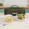 Borosil Eateasy Borosilicate Glass Lunchbox with Bag | 2 pc Round Container Set (400 ml Each) | Microwave & Dishwasher Safe, Leakproof | Tiffin for Office, School, College | Transparent, Horizontal