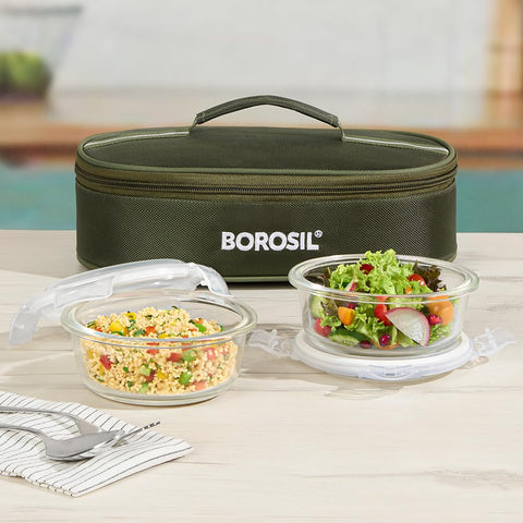 Borosil Eateasy Borosilicate Glass Lunchbox with Bag | 2 pc Round Container Set (400 ml Each) | Microwave & Dishwasher Safe, Leakproof | Tiffin for Office, School, College | Transparent, Horizontal