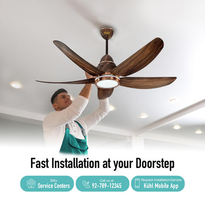 KUHL Luxus C5 1320mm Stylish 65% Power Saving BLDC Ceiling Fan with Remote | Night & Down Light | 29W | 5 Star | Low Noise | IoT –Operate via Mobile & Alexa | Reverse Mode | Free Installation | Teak