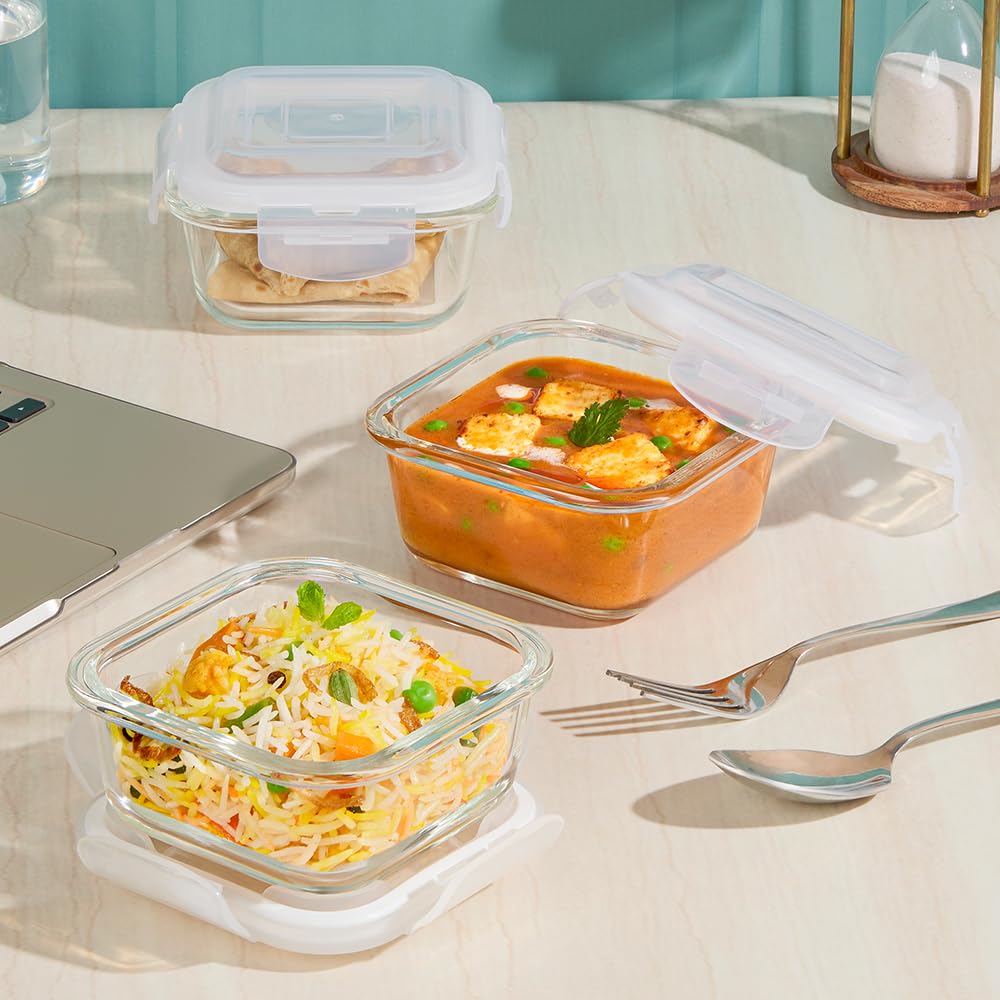Borosil Eateasy Borosilicate Glass Lunchbox with Bag | 3 pc Square Container Set (320 ml Each) | Microwave & Dishwasher Safe, Leakproof | Tiffin for Office, School, College | Transparent