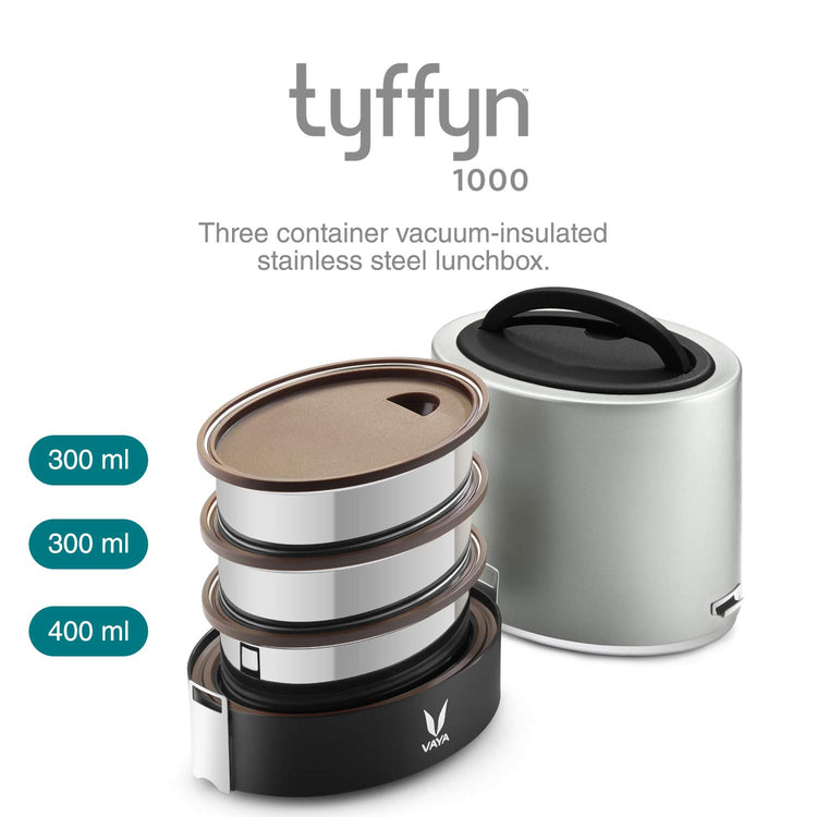 VAYA TYFFYN Lunch Box for Office for Men, with Polished Stainless Steel Containers,1000ml Vacuum Insulated Hot Lunch Box Without BagMat, Leakproof Hot Tiffin Box with 3 Compartments,Silver