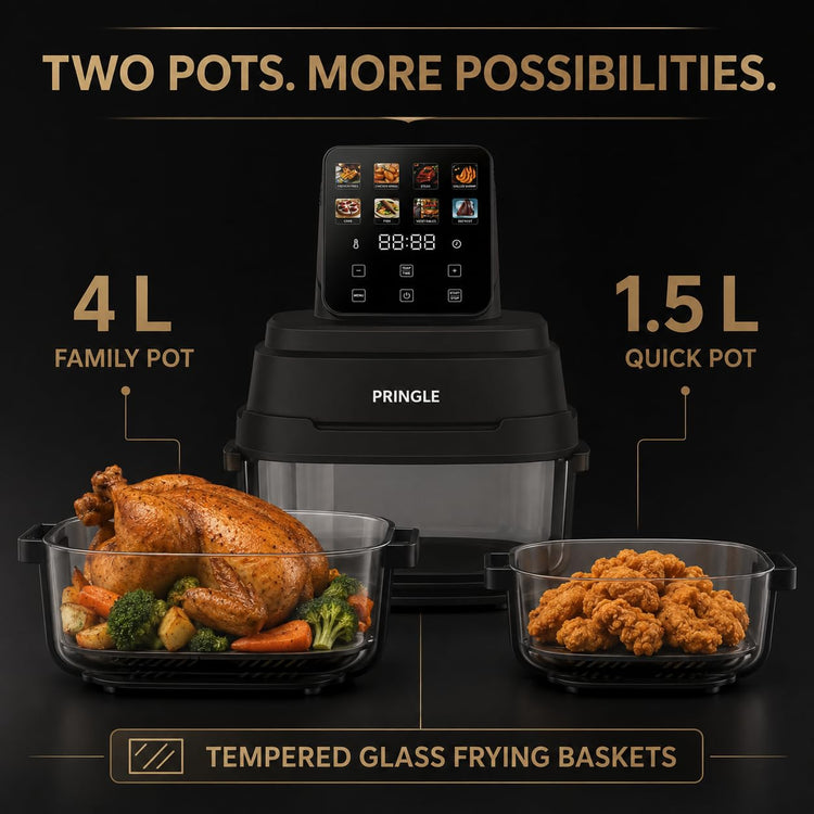 Pringle AirClear Glass Air Fryer 5.5L | Dual Bowl | 1500W | 8 Cooking Modes, 5.5 L total capacity with 4 L + 1.5 L glass bowls for flexible cooking and serving