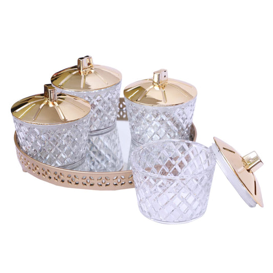 Jaypee Plus Luxe 4 Jar Dry Fruit & Snacks Storage Container Set of 4 Pcs | BPA Free & Airtight Silicone Seal Lid with Mirror Glass Tray | Durable & Break Resistant 500 ml, Golden Transparent