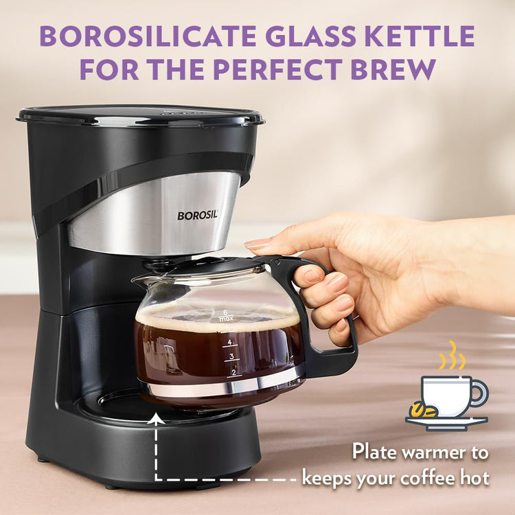 Borosil Brew Pro Drip Coffee Machine with Borosilicate Glass Carafe (600 ml) | 550W Coffeemaker | 6 Cups Capacity | Anti-Drip Function, Auto Shutoff, Keep Warm Plate | 2 Years Warranty | Black