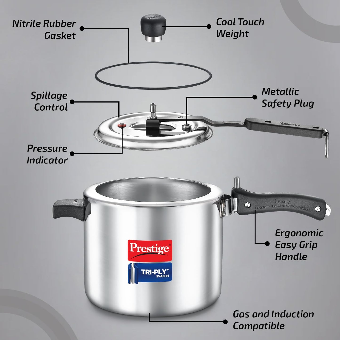 Prestige 5L+3L Triply Svachh Inner Lid Pressure Cooker Combi with 2 Lids|Gas & Induction Compatible|Deep lid for spillage control|Triply body for even heat distribution|5 Years Warranty|ISI Certified