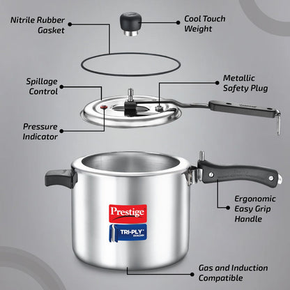 Prestige 5L+3L Triply Svachh Inner Lid Pressure Cooker Combi with 2 Lids|Gas & Induction Compatible|Deep lid for spillage control|Triply body for even heat distribution|5 Years Warranty|ISI Certified